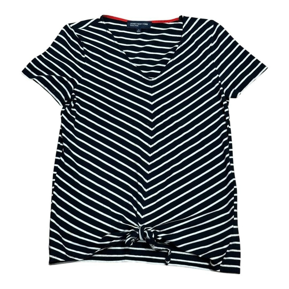 Jones New York Shirt Womens Small Striped Knot Hem Stretch Casual Top Blouse